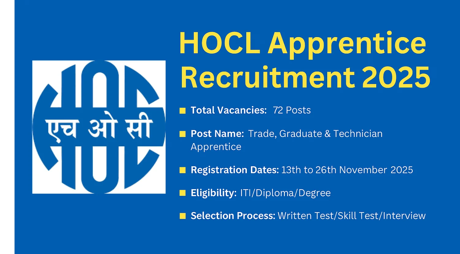 HOCL Apprentice Recruitment 2025, HOCL Apprentice Apply Online, Hindustan Organic Chemicals Apprentice, Trade Apprentice 2025, Graduate Apprentice 2025, Technician Apprentice 2025, government apprenticeship 2025